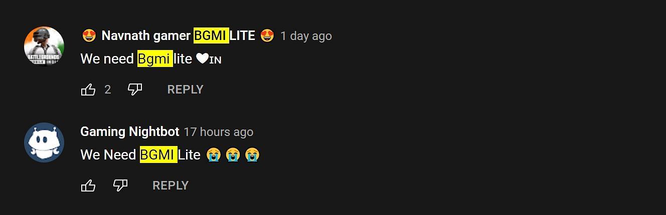 Screenshot from the comments section (Image via Battlegrounds Mobile India Esports, YouTube)